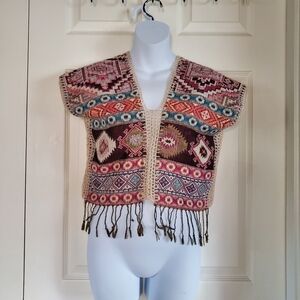 Bohemian Multicolor Fringe Top Knit Crochet Crop Pullover Peruvian Folkloric Sm